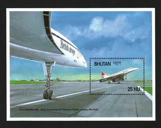 107. Bhutan 1988 Tampon M/S Concorde, Vol, Aviation. MNH