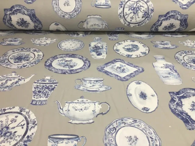 Delft Pottery Fabric Blue Grey Percale Cotton 280cm Double Width Curtain Blind