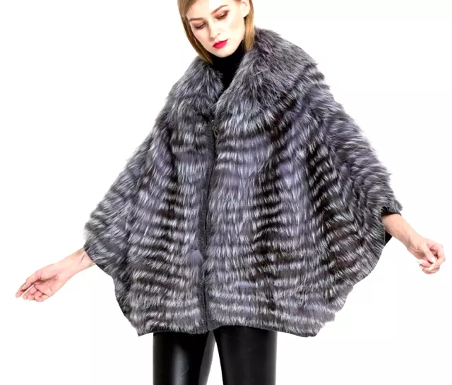 Real Silver Fox Fur Cape Batwing Sleeves Jacket Shawl Poncho