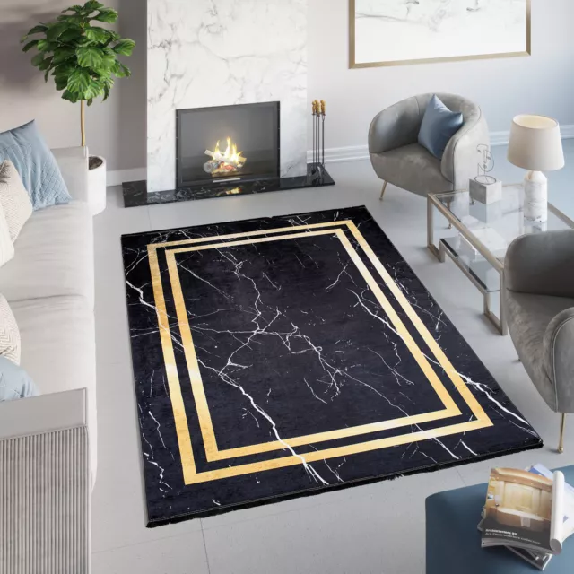 New Modern Large Rug 200 x 300 cm Anti-Slip Fringes Living Room Black Golden Mat