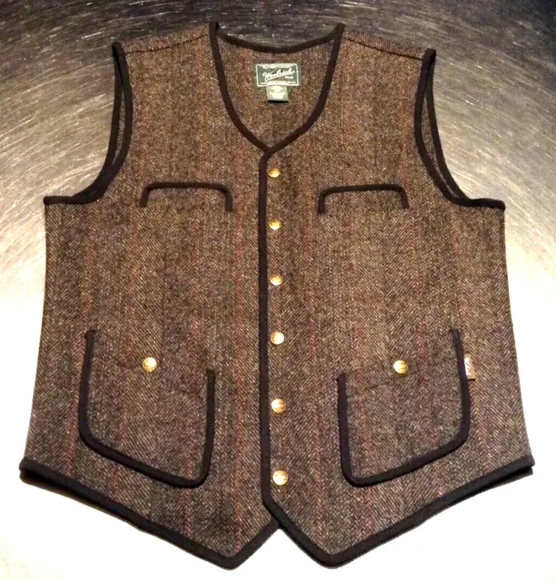 Woolrich Vest Men's Medium Black Brown Herringbone Wool Blend Snap Front Pockets