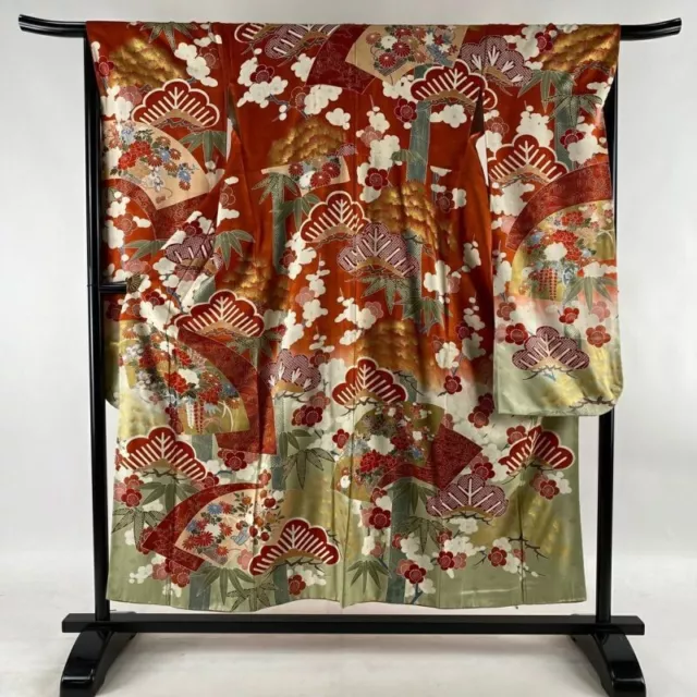 Japanese Kimono Furisode Pure Silk Folding Fan Pine Bamboo Plum Vermilion