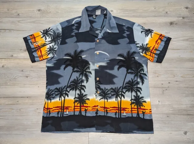 Vintage KENNINGTON Men's XL Hawaiian Button Up Shirt Black Orange Grey 90s