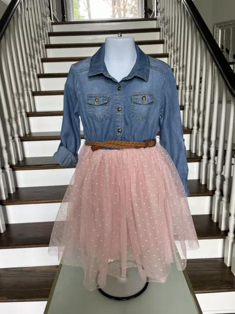 Zunie Girl's Denim with Pink Tulle Skirt Belted Dress size 6