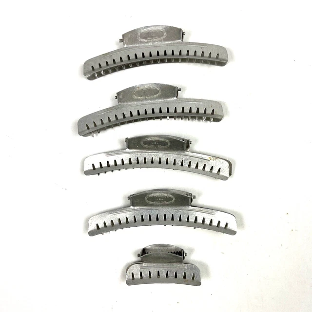 Lot of 5 Vintage Tip Top Products Gray Metal Hair Styling Clips 4" 2" Silvertone