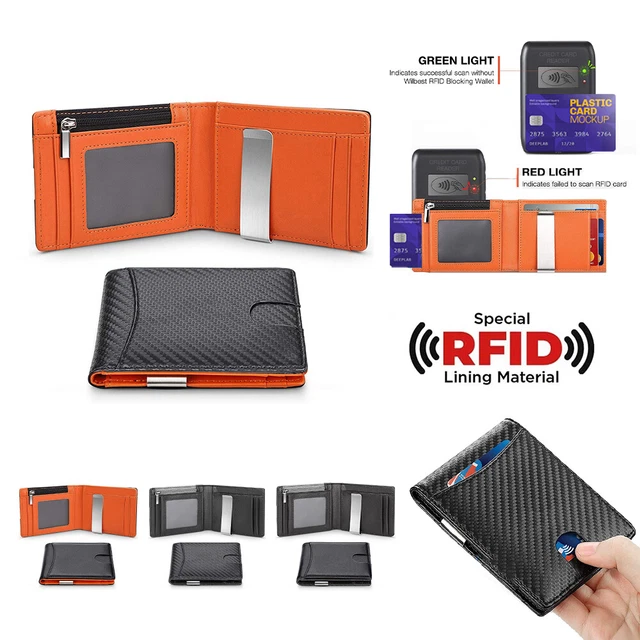 Mens Slim Wallet Zipper Money Clip RFID Blocking Bifold Credit Card Holder Slot