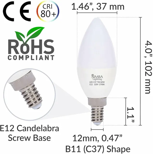 [6 Pack] LED Candelabra B11 C37 Bulb 7W 60W Replacement E12 Base 120V 2700K Warm 2