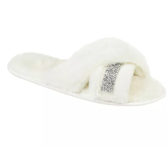 Womens Ladies Slippers Embellished Plush Crossover White UK Size 3/4, EU 35.5/37