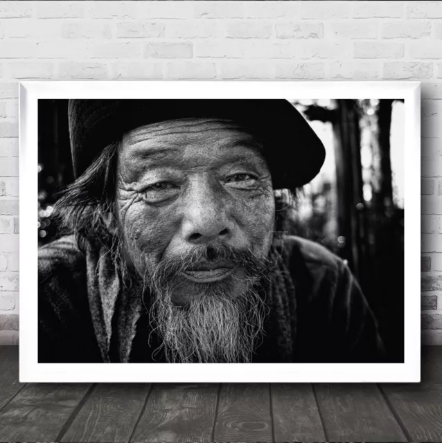 Man Old Asian Hat Long Beard Smiling Close Up Wall Art Print