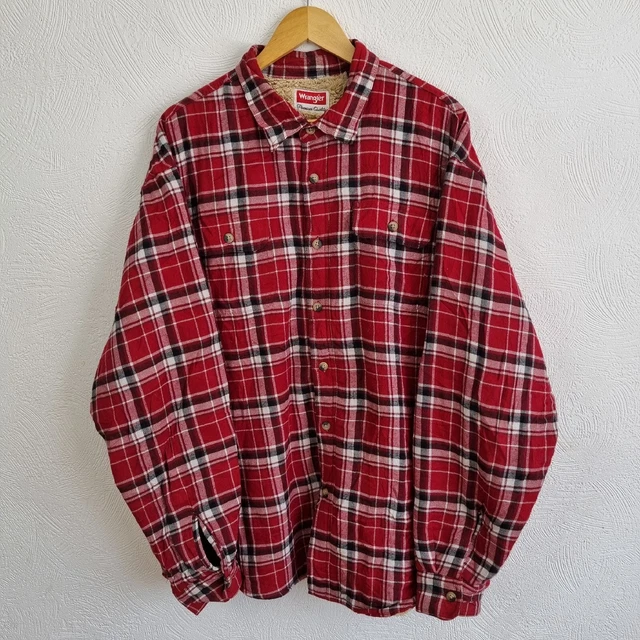 Wrangler Flannel Shirt Jacket Mens 2XL Fleece Lined Red Check Padded Shacket
