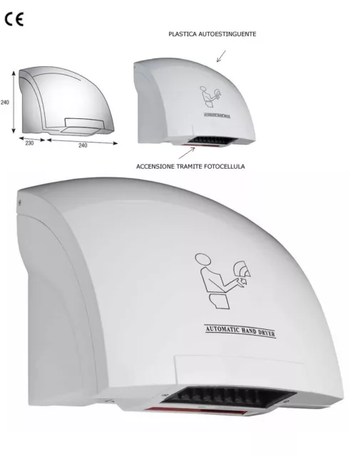 Asciugamani Automatico Elettrico Ad Aria Calda Fotocellula Parete Muro 2 Pezzi