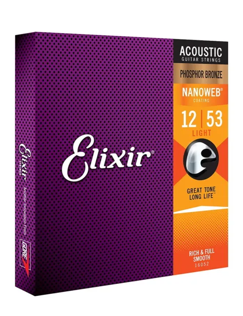 Elixir 16052 Nanoweb Phosphor Bronze Acoustic Guitar Strings, Light 12-53