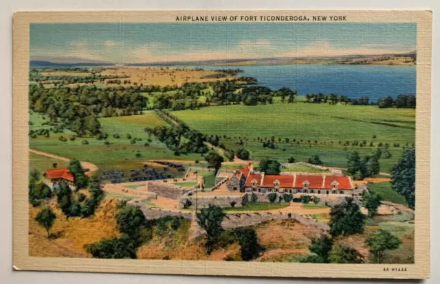 ca 1934 NY Postcard Fort Ticonderoga New York Airplane Aerial View vintage linen