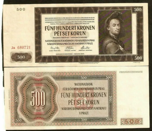 Bohemia & Moravia 500 Korun P-12 1942 Euro Brand Aunc Money Bill Bank Note