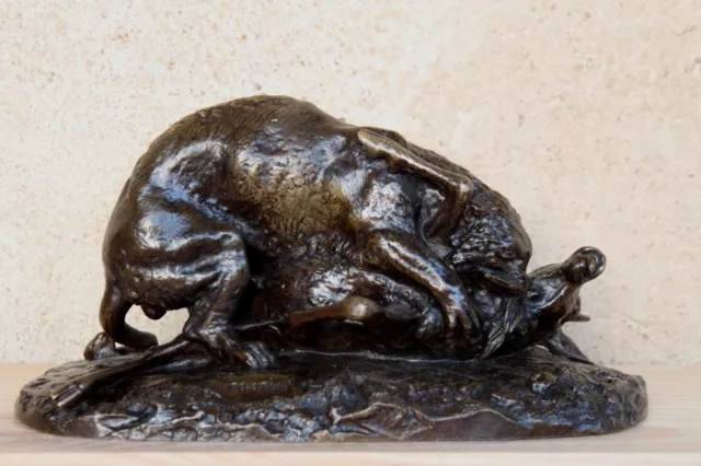 Sculpture Animalière Bronze XIXeme Tigre Dévorant Une Antilope Signé Fratin