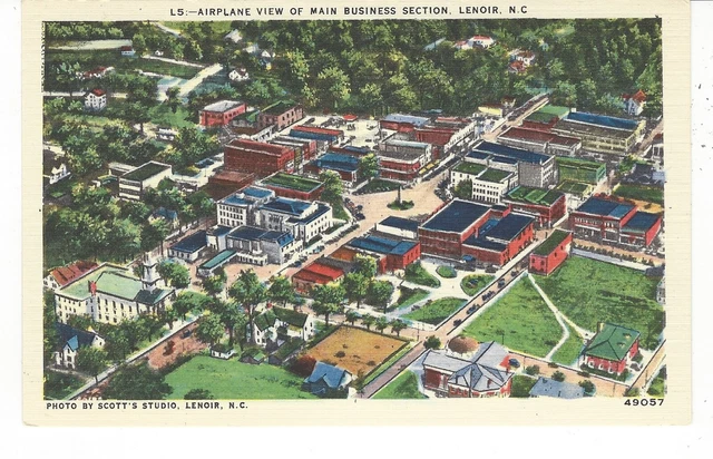 LENOIR NORTH CAROLINA POSTCARD Airplane View of Main Business Section,