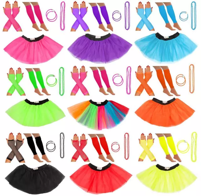 Neon Fancy Dress Costume 80s Tutu Hen Party Legwarmers Womens 80s Skirt Gloves