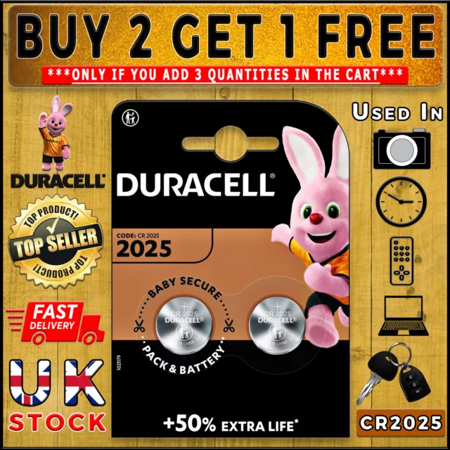 2 x DURACELL CR2025 DL 2025 BATTERY⭐BUY 2 GET 1 FREE⭐3V LITHIUM COIN BATTERIES🔋