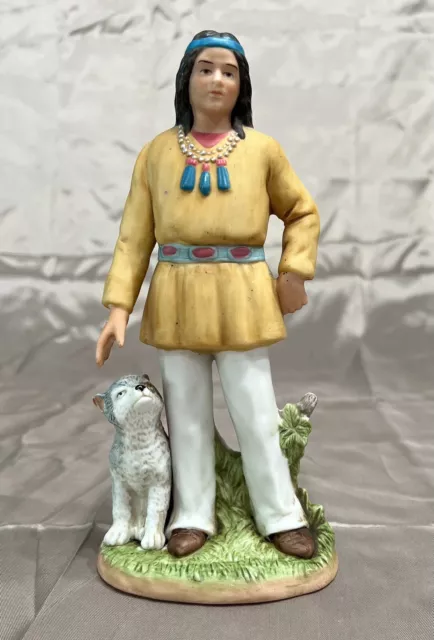 Homco Home Interior Native American With Wolf Dog Porcelain Figurine #1404