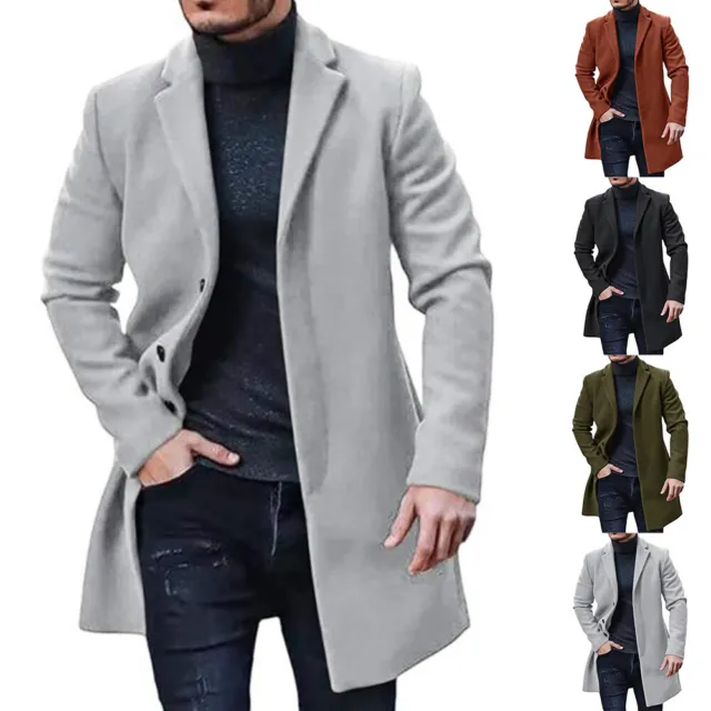 Mens Lapel Fleece Trench Coat Winter Long Jacket Overcoat Outwear Plus Size