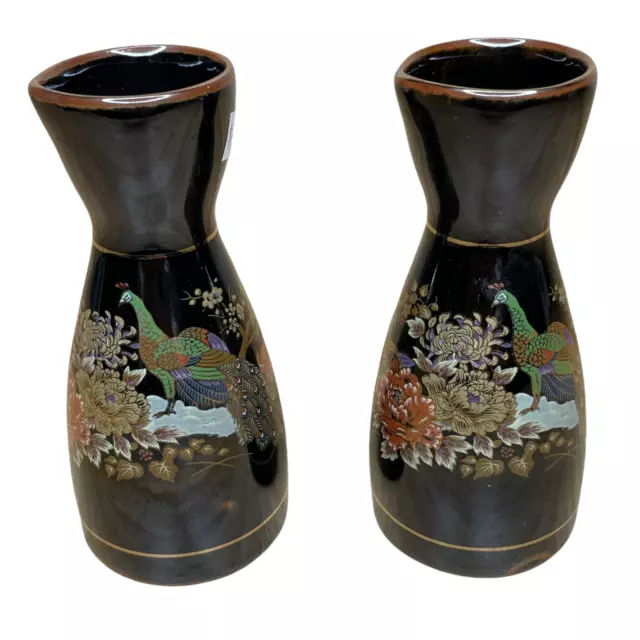 Pair of  5" Japanese Signed.Satsuma MCM Vases Peacock Floral Gold Trim Decor