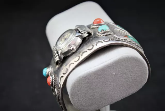 Vintage Signed Navajo Turquoise Coral Inlay Sterling Silver Watch Cuff Bracelet 2
