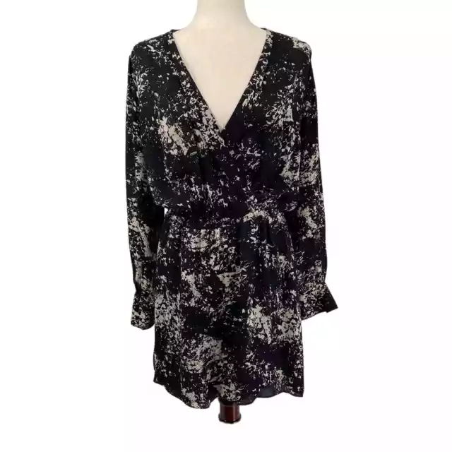 Parker Silk Long Sleeve Mini Dress M Black Abstract Print Flowy Faux Wrap Soft