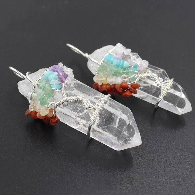 Natural Raw Stone Healing Crystal Tree of Life Wire Wrap Quartz Chakra Pendant