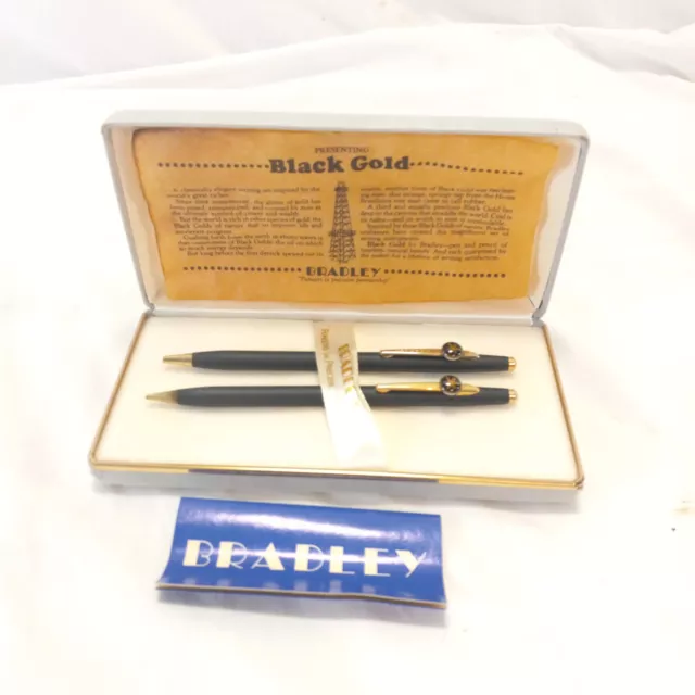 Vtg Bradley Ballpoint Pen and Pencil Set Black Gold w/ Folding Case Yamaha Logo