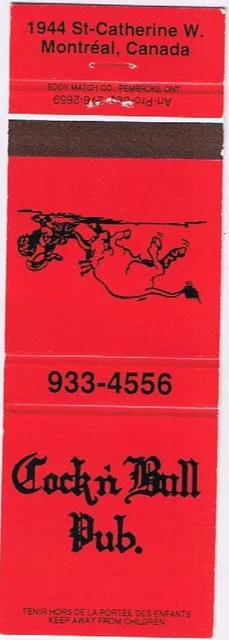Matchbook Cover Cock & Bull Pub Montreal Quebec