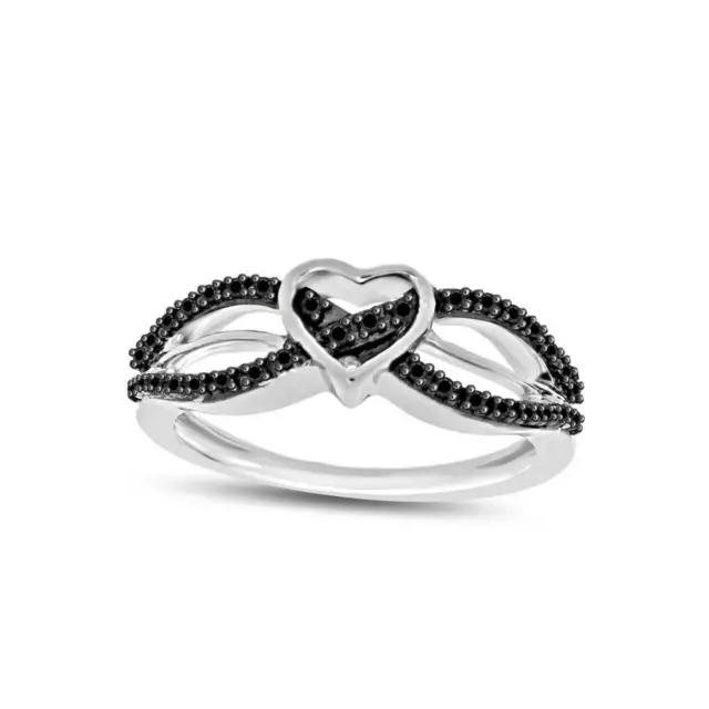 0.35 Ct Black Natural Diamond 14K White Gold Plated Silver Heart Promise Ring