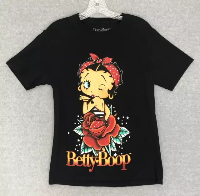 Betty Boop Blooming from a Rose T-Shirt Womens Small Black Short Sleeve Cotton