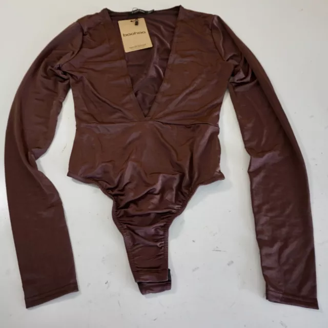 Boohoo Women's Tall Plung Long Sleeve Bodysuit Chocolate Size 2 New With Tags!!!
