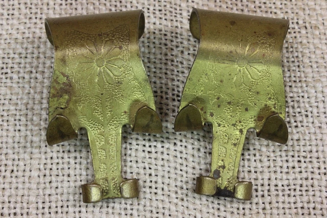 2 old Picture Molding Rail Hooks Brass Painting Hangers FLOWERS vintage tarnish