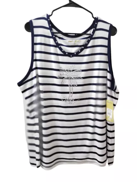 NWT Palm Grove Womens Sleeveless Top White Blue Stripe Silver Bead Palm Trees 3X