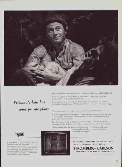 1944 Stromberg Carlson Vintage Print Ad Soldier Radio Sound System Buy War Bonds