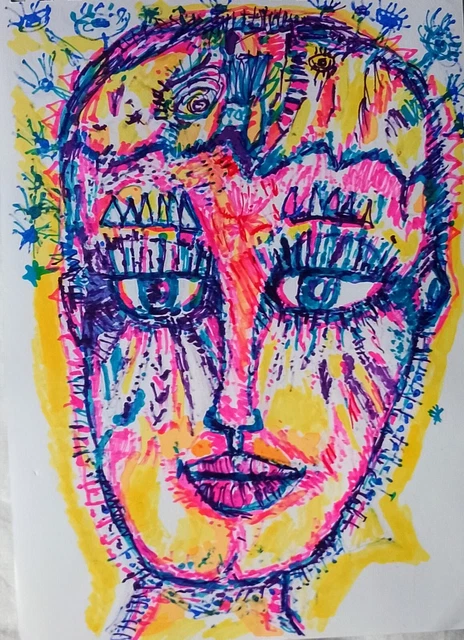 Portrait Visage Homme Aux Pastels - 21x28cm - Signé Par L'artiste - Expressionnisme