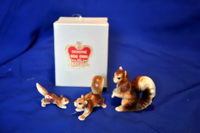 Vtg Set 3 Miniature Bone China Squirrels Iob, 1950'S Japan Xmas Putz Figures