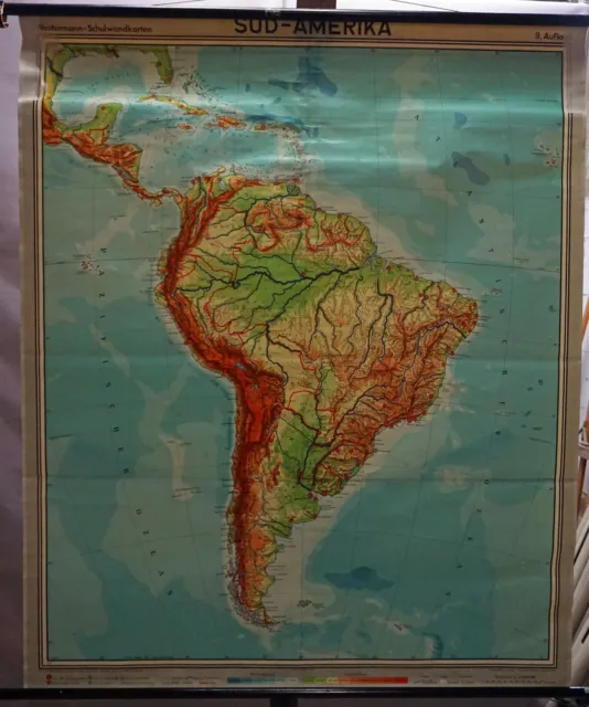 Vintage Mural Pull Down Map South America Wall Chart Poster