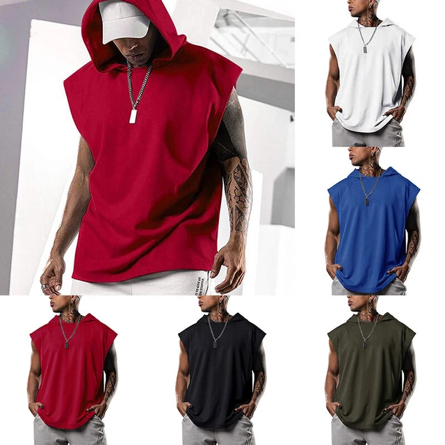 Men Workout Hooded Tank Tops Bodybuilding Muscle T Shirt Sleeveless Gym Hoodies_