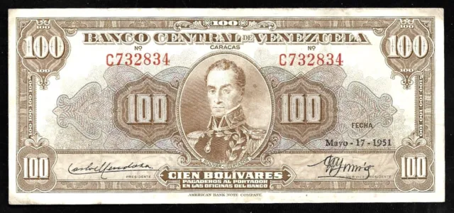 World Paper Money - Venezuela 100 Bolivares 1951 P34a Series C6 @ Crisp VF+