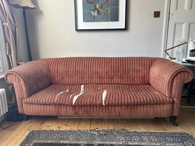 Antique Chesterfield Sofa With Worn Salmon Velvet Fabric Used For Fashion Shoots