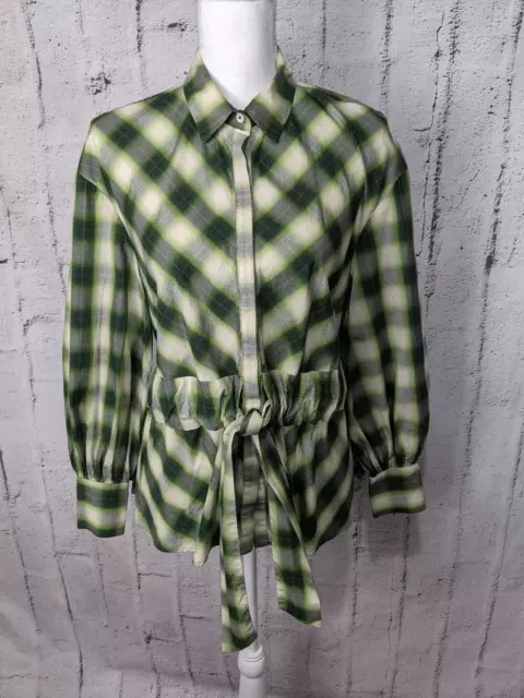 Pearl by Lela Rose Womens Button Up Shirt Green Plaid Belted Long Sleeve Sz S Sm