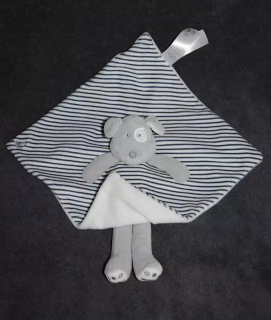 Doudou Plat Chien Raye Bleu OBAIBI OKAIDI Jambes Gris Dessous Blanc Etat Neuf