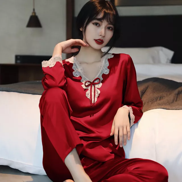 Mens Womens Silk Satin Pajamas Pyjamas Lovers Loungewear Sleepwear Set  Nightgown