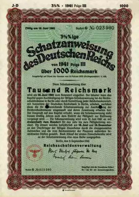 DEUTSCHES Reich Schatzanweisung 1941 Berlin Adler 1000 RM Schultzenstein Kupons