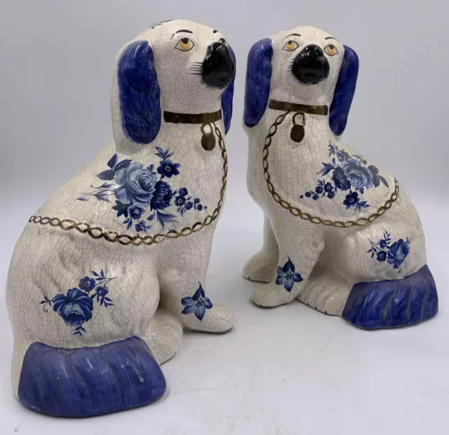 Antique Pair Of Victorian Blue And White Staffordshire Mantle Wally Dogs Rare