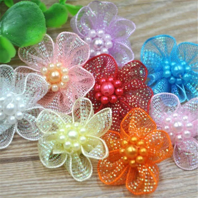 20pcs Organza Flowers Bows Ribbons 28mm Flower Polyester Appliques Sewing Crafts