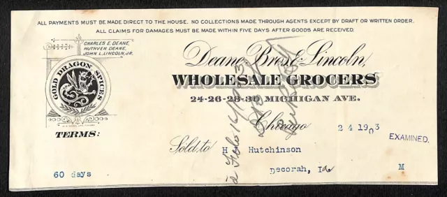 Deane Bros. & Lincoln Chicago Grocers Hutchinson Decorah IA* Cut 1903 Billhead