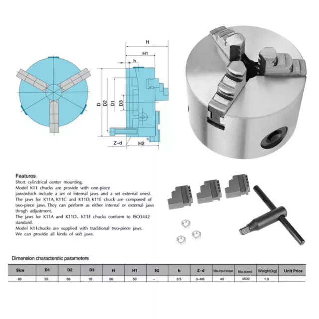 3inch K11-80 3-Jaw Self Centering Metal Lathe Chuck With Extra Jaws Spares YSE 2